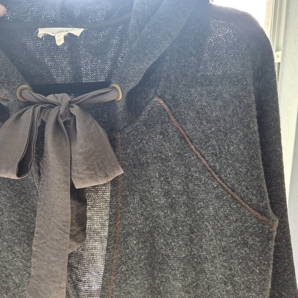 Mystree Fuzzy Draped Front Surplice Bow Tie Bell Sleeve Hooded Sweater Gray S - Picture 4 of 8
